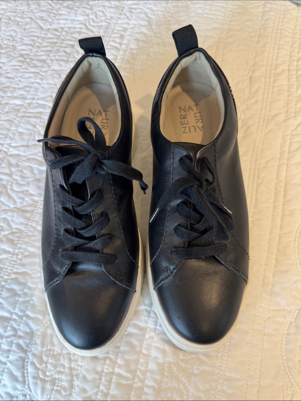 Naturalizer Black Leather Lace-Up Sneakers with White Soles
